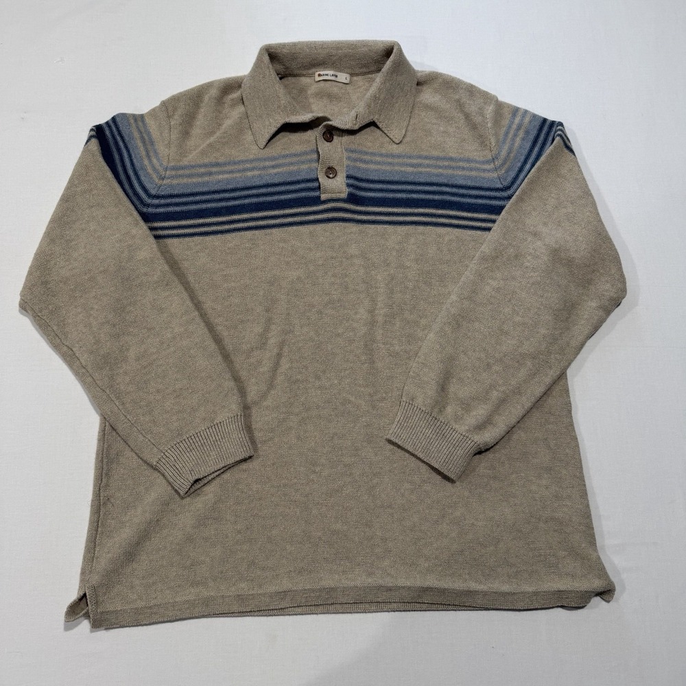 Marine Layer Elias Sweater Polo Mens Large Tan Blue Stripe Merino Wool 16169